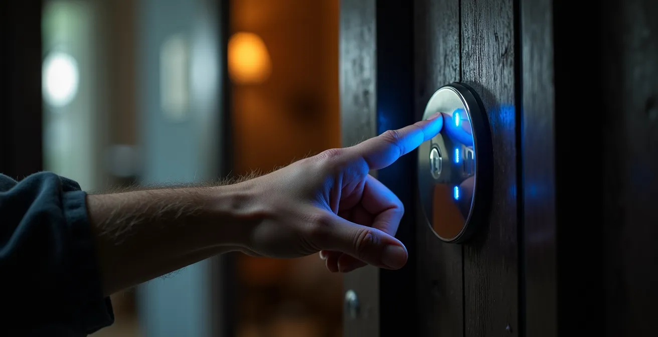 Main tapant un code sur un clavier numérique rétroéclairé d'une serrure connectée en situation de secours