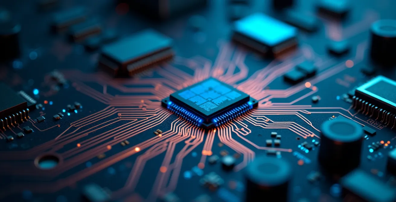 Détail macro d'une puce électronique avec circuits imprimés représentant le processus d'authentification sécurisée